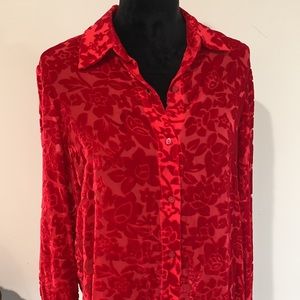 Vintage Red Velvet Floral Burn-Out Velvet Button Down Blouse